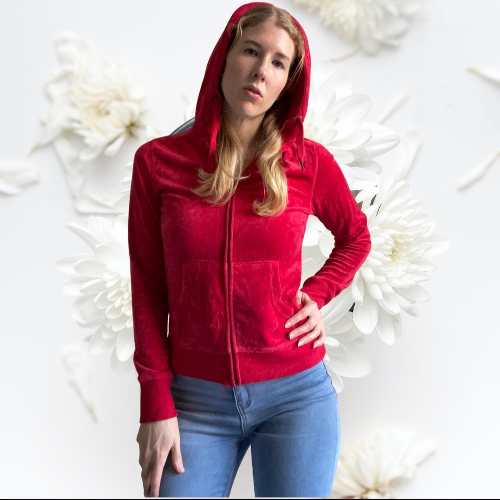 Red velvet zip up hoodie. So cosy. Excellent condition. Size M - Picture 1 of 5